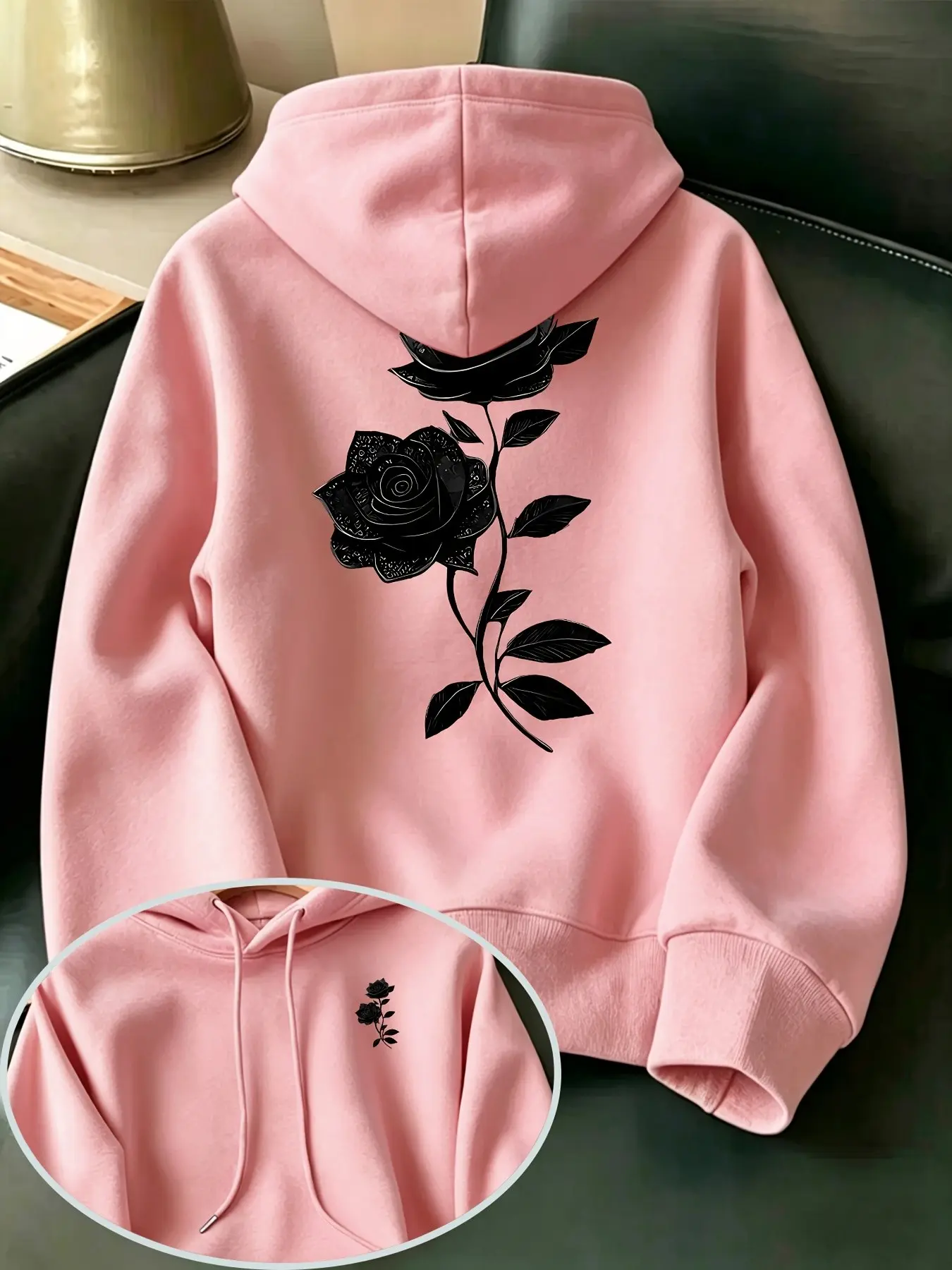 Men's Casual Hooded Sweatshirt, Rose Print, Loose Fit, Soft Knit Fabric, Drawstring Hood, Long Sleeve, Trendy Streetwear