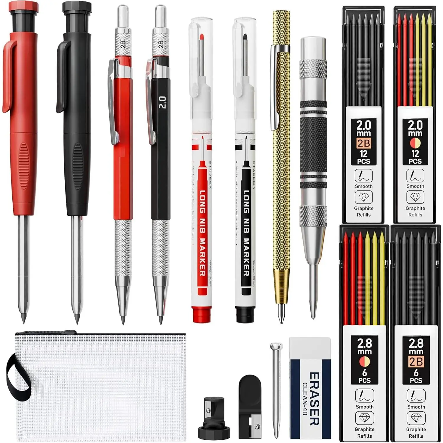 Carpenter Pencil Set, 17 Pack with Refills | Construction Pencil Kit with Deep Hole Long-Nib Markers, Woodworking Tool & Carpenter Pencils for Architect, DIY with Pouch