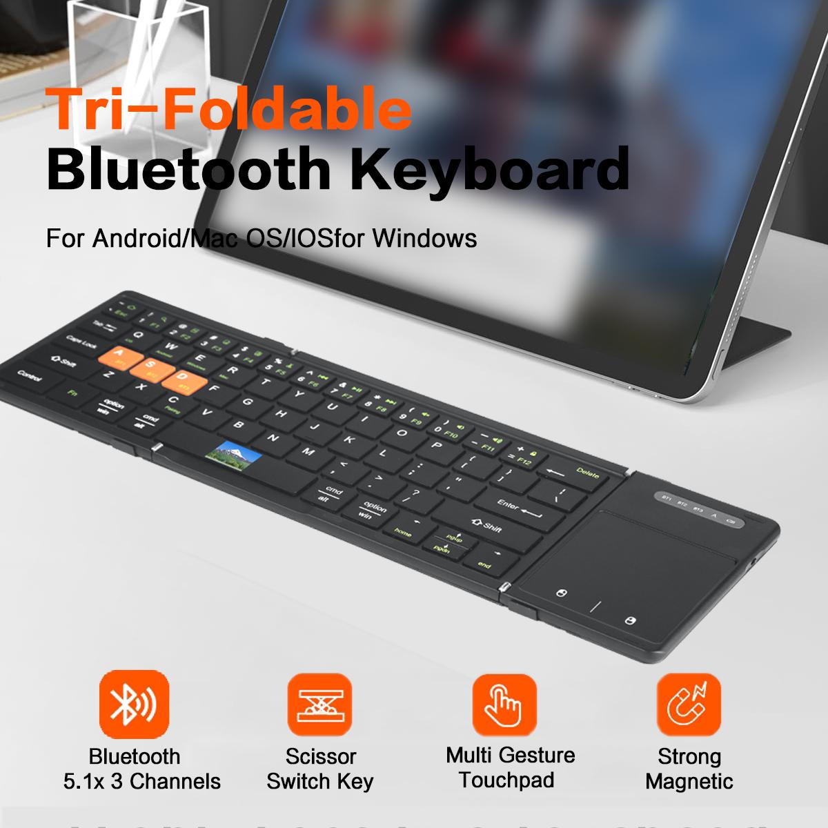 JOMAA Portable Tri-Foldable Bluetooth Keyboard with Touchpad Bluetooth Wireless Rechargable Keyboard Supports Multi-Device Keyboard for Windows/Android/iOS