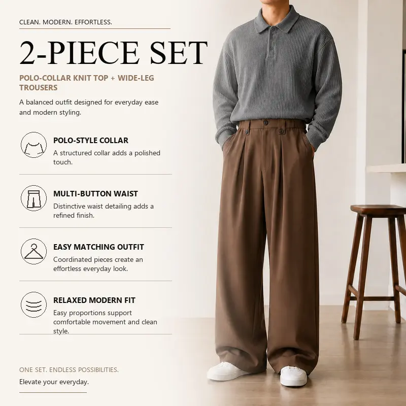 Men's Casual Sweater and Pants Set, Polo Collar Ribbed Knit Sweater with Straight Leg Tailored Pants, 8 Curated Solid Color Pairings, Sizes S-XXL, Daily Work Travel Style, Group 10