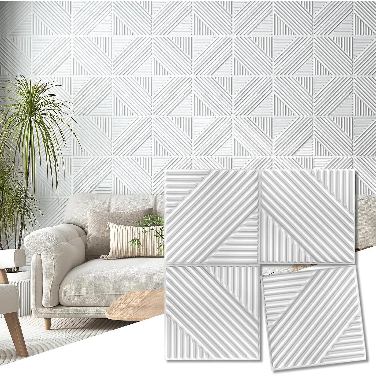Textured Accent Wall Panels, 12 x 12 Inch, 33-Pack, White |  PVC, , Anti-Sag, Scratch Resistant, Ideal for Living Room, Bedroom, TV Background