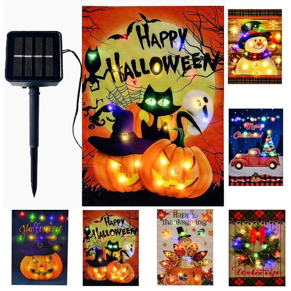 Solar Powered Luminous Flag Light for Halloween, Thanksgiving, Christmas, Multiple Light Modes, Garden Courtyard Lawn Decorations