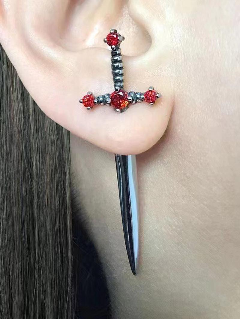 Artificial Crystal Decorated Gothic Sword Stud Earrings, 1 Pair Vintage Punk Jewelry for Women for Party, Daily Clothing Decor, Trendy All-match & Exquisite Jewelry for Birthday Gift, Cross Dangle Earring