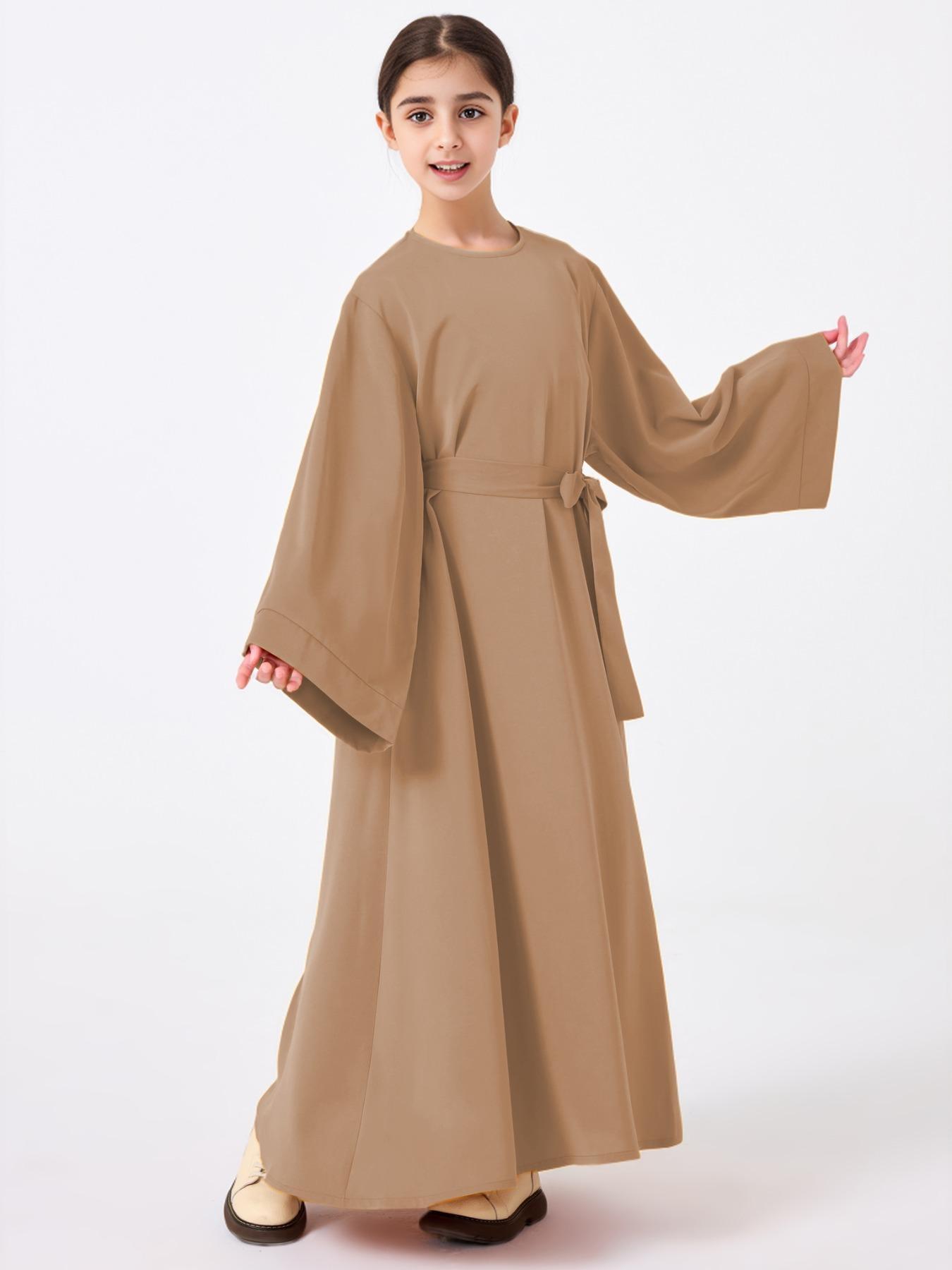 Girl's Solid Belted Dress, Modest Long Sleeve Dress for Daily Wear, Kids Clothes for All Seasons