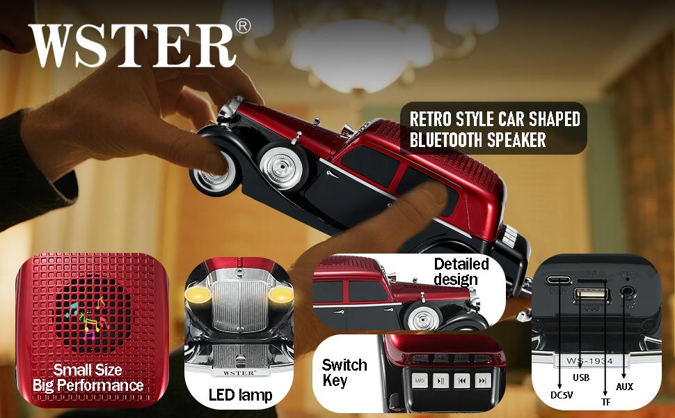 WSTER WS-1934 Retro Classic Car Model Bluetooth Speaker with USB TF Card AUX FM Radio TWS Pairing Suitable for Indoor and Outdoor Party Birthday Gift Stereo Multifunctional Desktop Decoration
