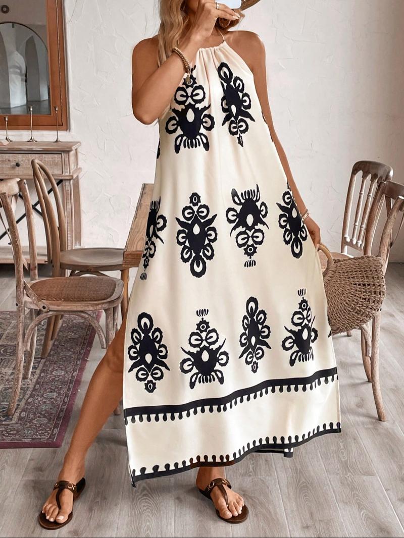 Women's Graphic Print  Cami Dress, Boho Sleeveless Spaghetti Strap  Dress for Beach Holiday Vacation, Ladies Summer Clothes
