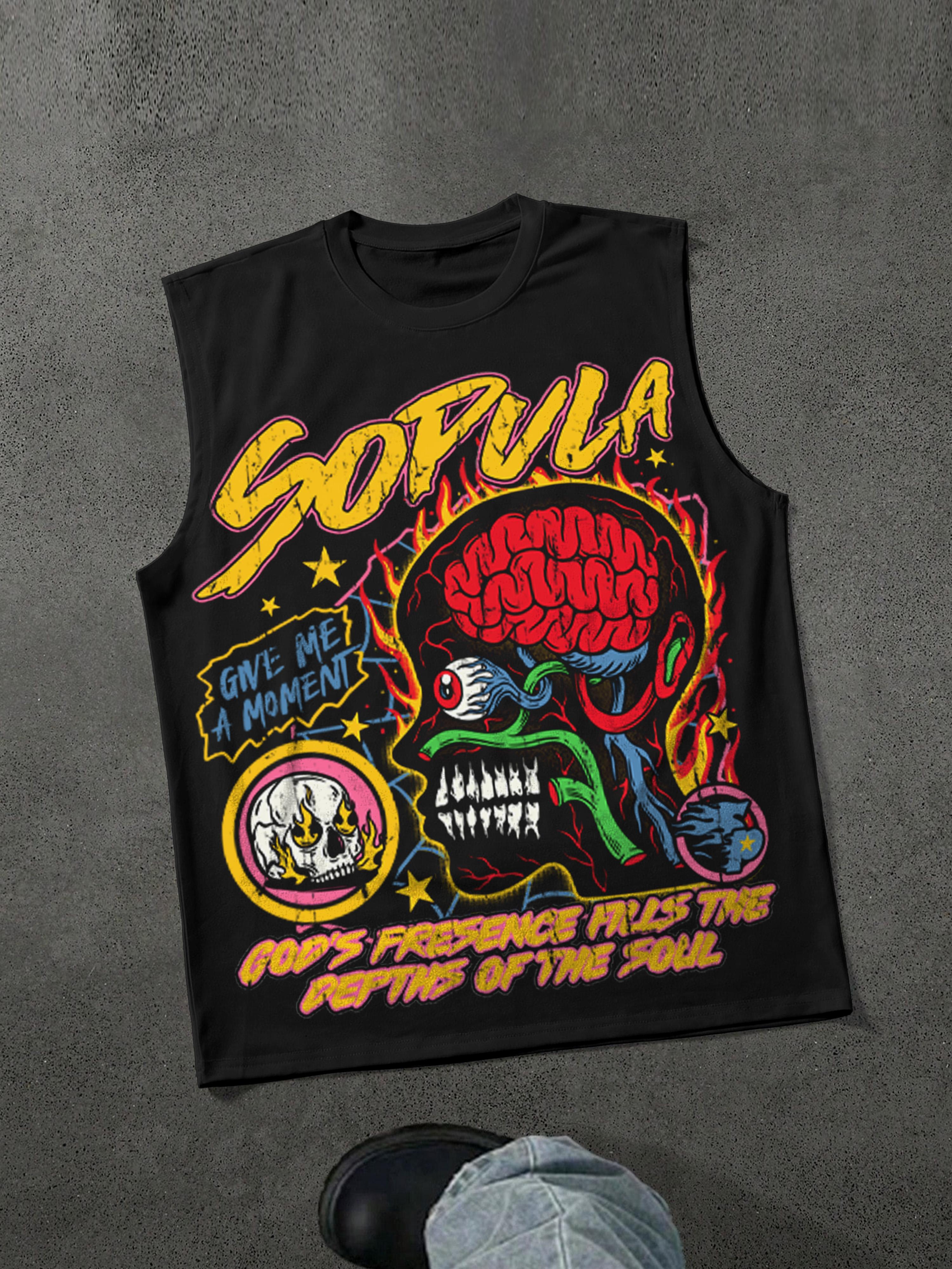 Sopula Studio Men's Graffiti Skull Pattern Cotton Sleeveless Sports Shirt Black SpringStatements