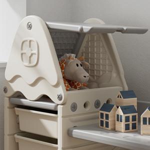 Linor Kids Toy Storage Organizer with 17 Removable Bins&4-Tier Bookshelf, Castle-Shaped Organizer for Playroom, Bedroom, Nursery, Living Room Bookcase