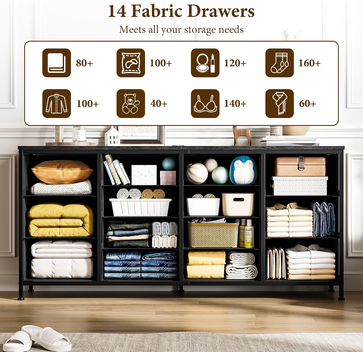 14 Drawer Dresser, 63 Inch Black Fabric Dresser TV Stand with Power Outlet for 65 70 75 Inch TV, Long Entertainment Center for Bedroom, Closet, Living Room, Entryway