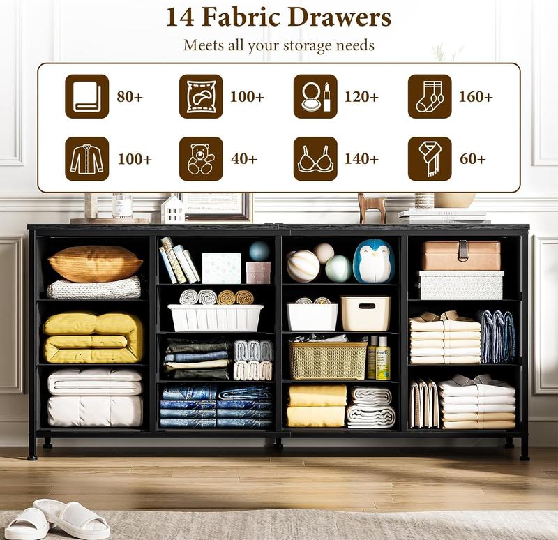 14 Drawer Dresser, 63 Inch Black Fabric Dresser TV Stand with Power Outlet for 65 70 75 Inch TV, Long Entertainment Center for Bedroom, Closet, Living Room, Entryway