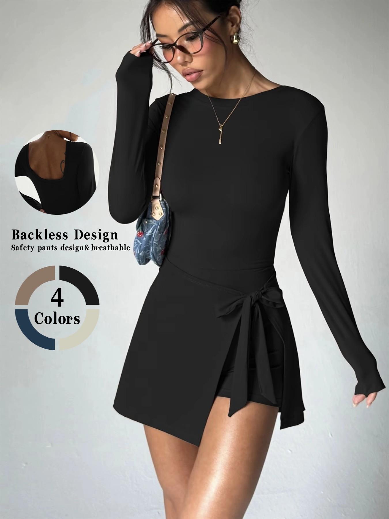 Women's High-End Long Sleeve Tennis Dress, Athletic Dress, Active Dress, Gym Dress, Workout Dress, Fake Two-Piece Design with Safety Pants, Sexy Backless Sports Skirt, High Elasticity Quick-Dry Sweat Absorption - TikTok Shop Women's High-End Long Sleeve Tennis Dress, Athletic Dress, Active Dress, Gym Dress, Workout Dress, Fake Two-Piece Design with Safety Pants, Sexy Backless Sports Skirt, High Elasticity Quick-Dry Sweat Absorption - TikTok Shop