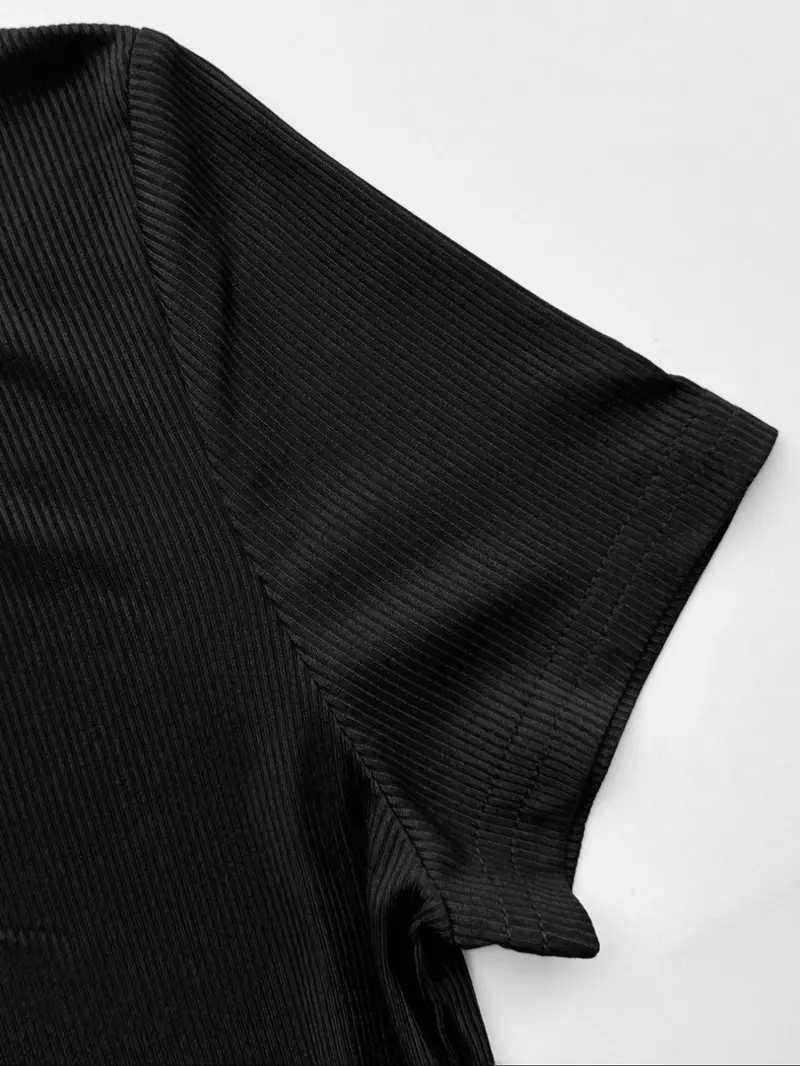Women's Black Short Sleeve Skinny Romper Slim Fit Ribbed One Piece Jumpsuit Stretchy Bodycon Outfit Casual Summer Streetwear Basic Minimal Y2K Style Solid Jumpsuits