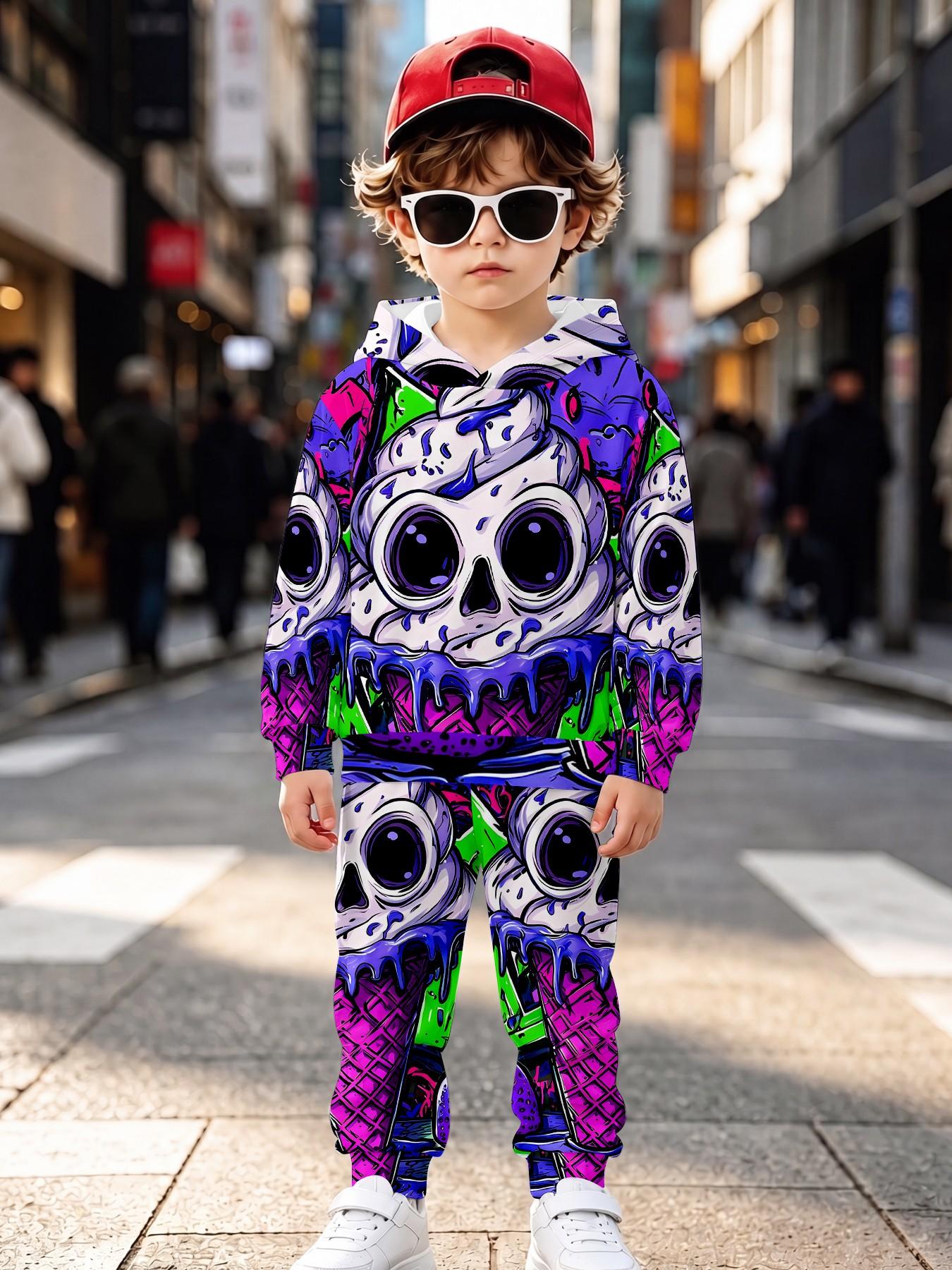 Boys' Creative Skull Ice Cream Full Print Set, Long Sleeve Loose-Fit Sweatpants, Casual Fall & Winter, All over Print Design