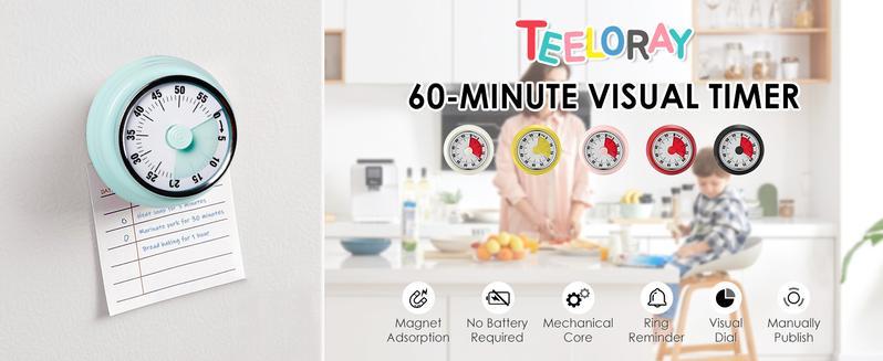 Visual Timer, Teeloray 60-Minute Countdown Timer, Kitchen Timer with Magnetic Base, Mechanical Clockwork, Ringer Alert, Time Management Tool for Children and Adults, Study/Work/Cooking