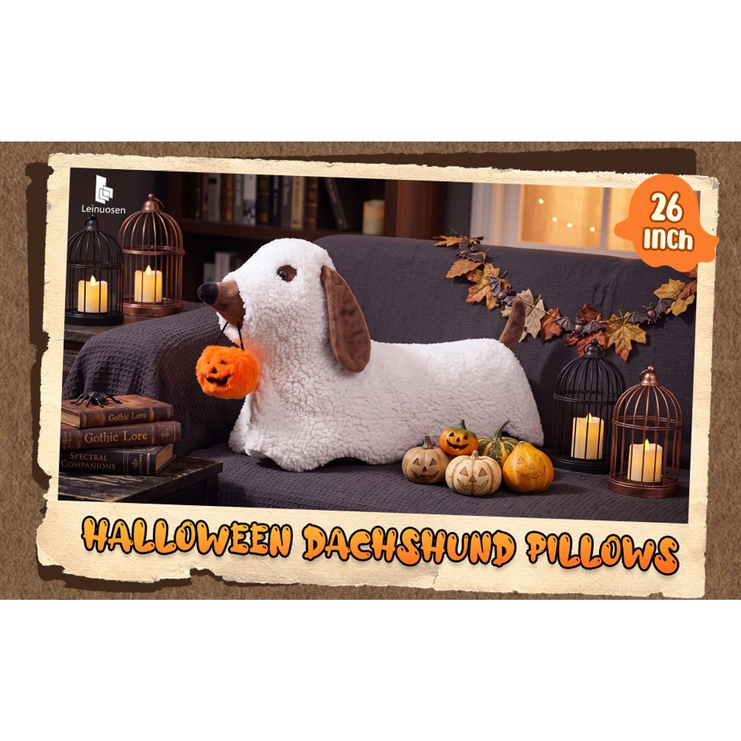 Leinuosen 26 Inch Halloween Dachshund Pillows Wiener Dog Ghost Decoration | Halloween Ghost Dog Pillows, White Soft Plush Sherpa, 3D Fluffy Cute Spooky Holding Pumpkin Gifts, Sofa Couch Bed Indoor Home Leinuosen 26 Inch Halloween Dachshund Pillows Wiener Dog Ghost Decoration | Halloween Ghost Dog Pillows, White Soft Plush Sherpa, 3D Fluffy Cute Spooky Holding Pumpkin Gifts, Sofa Couch Bed Indoor Home