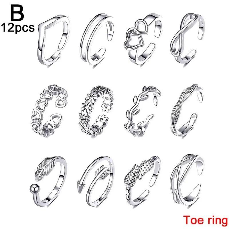 12pcs Foot Open Adjustable Toe Rings Pattern Alloy Adjustable Rings Set For Women Beach Foot Jewelry 12 Piece Set