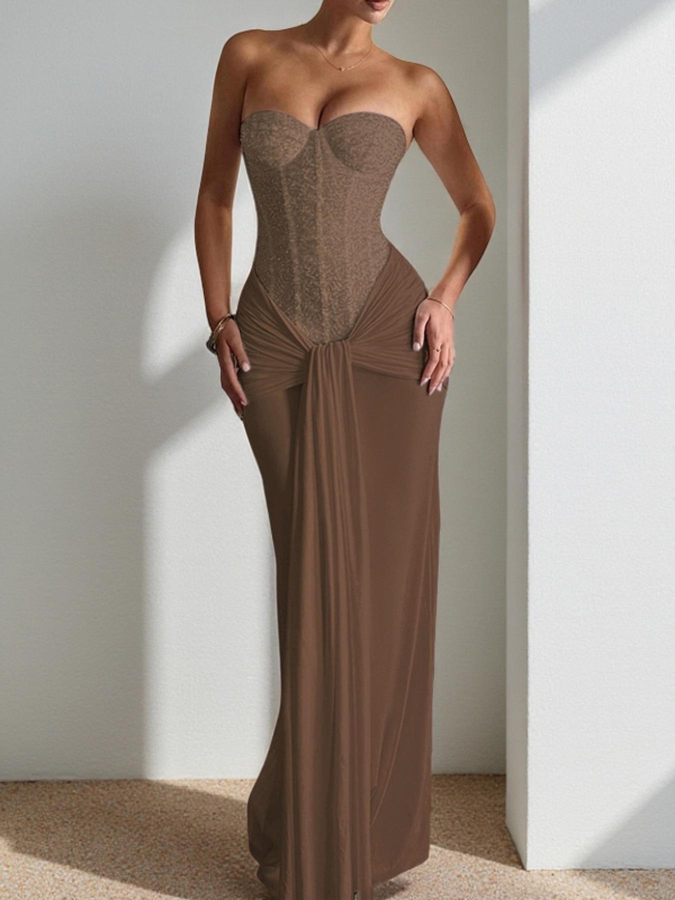 Elegant Strapless Corset Bodycon Long Formal Dress, with Ruched Detail, Perfect for Evening Prom Party