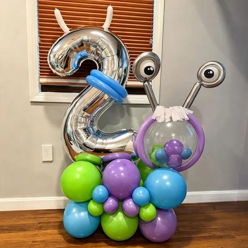 46-Piece Alien Monster Birthday Balloon Set, Contains Silver Color Number Balloons,Green, purple,blue latex balloons，Suitable for birthday parties，Kindergarten fun activities，Children's Playground Decorative Displays，Kids' party decoration