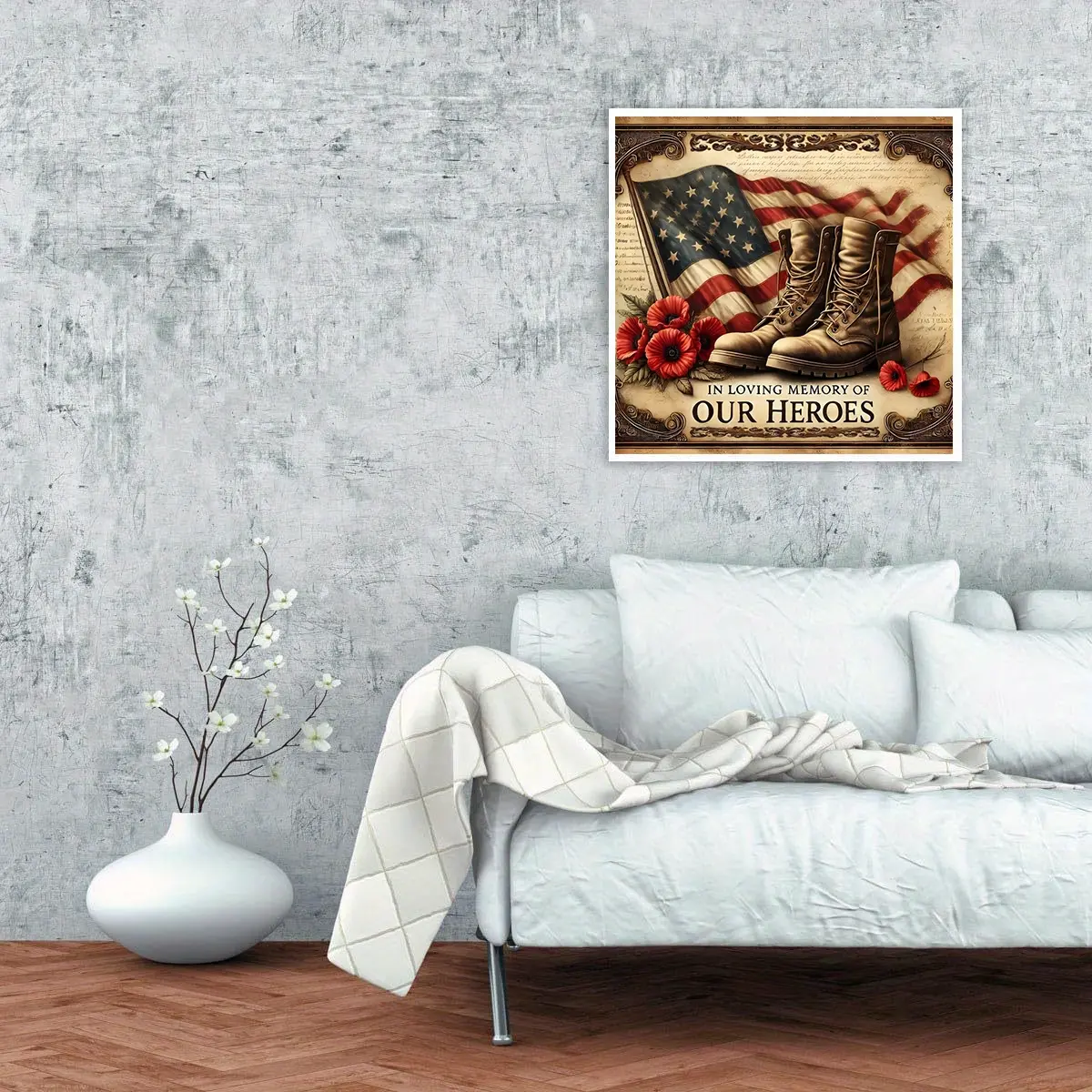 A set of 2D flat frameless handmade DIY diamond painting kit, vintage patriotic memorial style, featuring American flag, military boots and red poppy flowers pattern, suitable for home decoration or gifting to honor heroes.