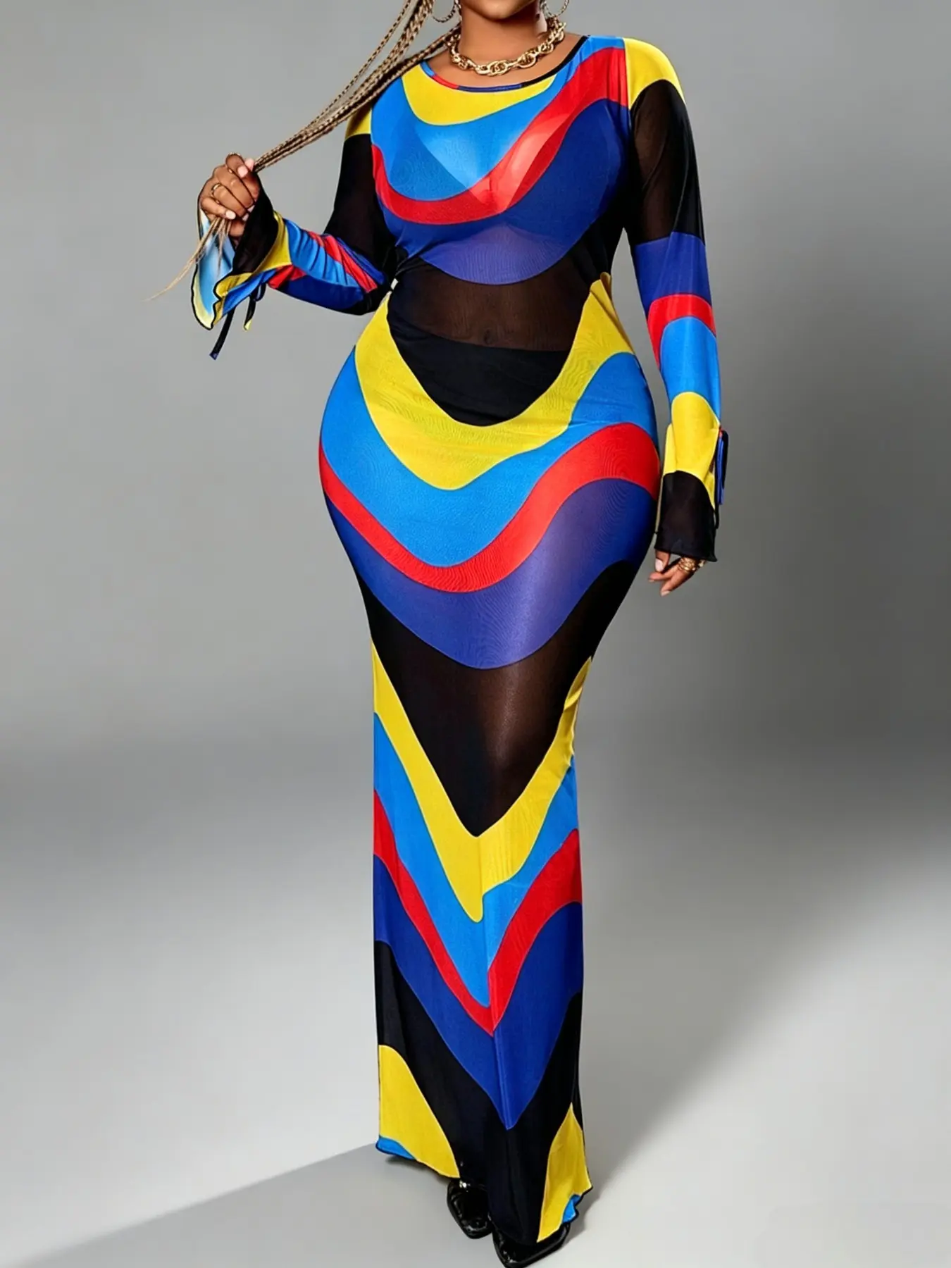Plus Size Women's Patchwork Round Neck Long Sleeve Elegant Waist Cinched Mesh Rainbow Party Dress, Slim-Fitting Striped Dress for All Seasons