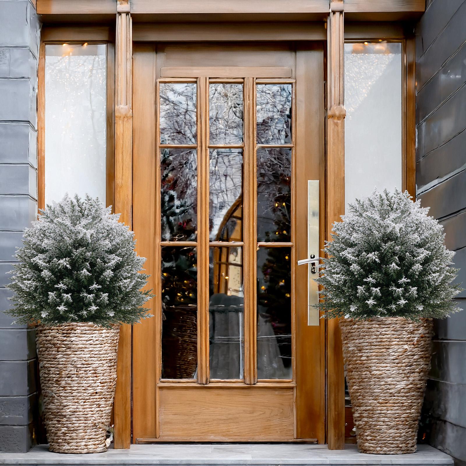 1 Pack / 2 Pack Artificial Cedar Topiary Ball Trees with Spikes, 21 Inch with Snow Christmas Outdoor Decorations, UV Resistant Artificial Plants for Porch, Patio or Flower Pots