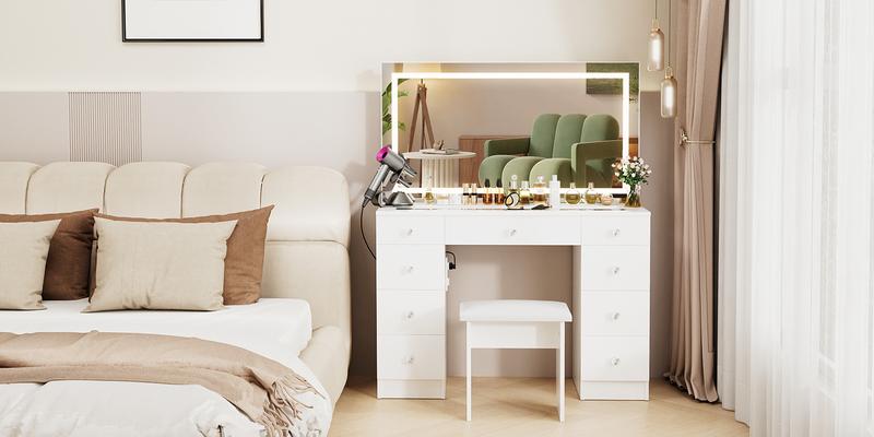 VOWNER Makeup Vanity Desk with Glass Top,Lighted Mirror ,9 Drawers, Soft Cushioned Stool for Bedroom VOWNER Makeup Vanity Desk with Glass Top,Lighted Mirror ,9 Drawers, Soft Cushioned Stool for Bedroom