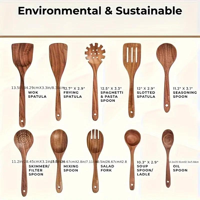10pcs/set Natural Wood Kitchen Utensil Set, Wooden Spoon Set, with Ergonomic Handles, Heat-Resistant Spoons, Pans and Spatulas, Ideal for Induction Cookers
