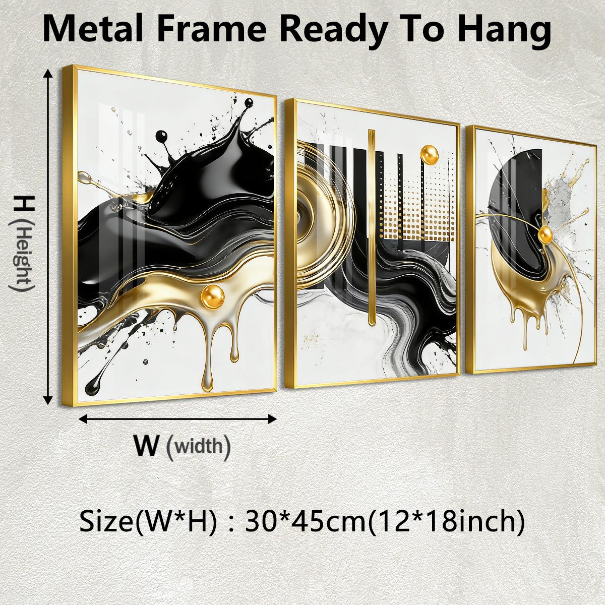 3 Counts Aluminum Alloy Framed Painting, Abstract Black And Gold Fluid Art Pictures, Home Decoration For Living Room, Bedroom, Office, Restaurant, Hallway Wall Decor, Odorless Print Artwork, Luxury Perfect Gift For Friends And Family