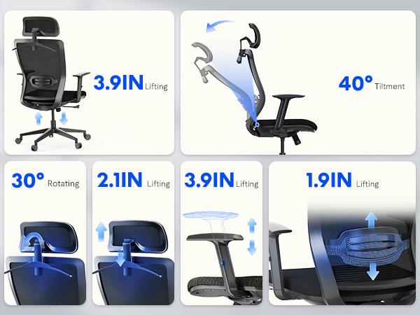 【TikTokShopBlackFriday】Executive Ergonomic Office Chair, Height Adjustable Mesh Computer Chair with Adjustable Headrest, Armrests, and Lumbar Support, Home Office Desk Chair, Gray