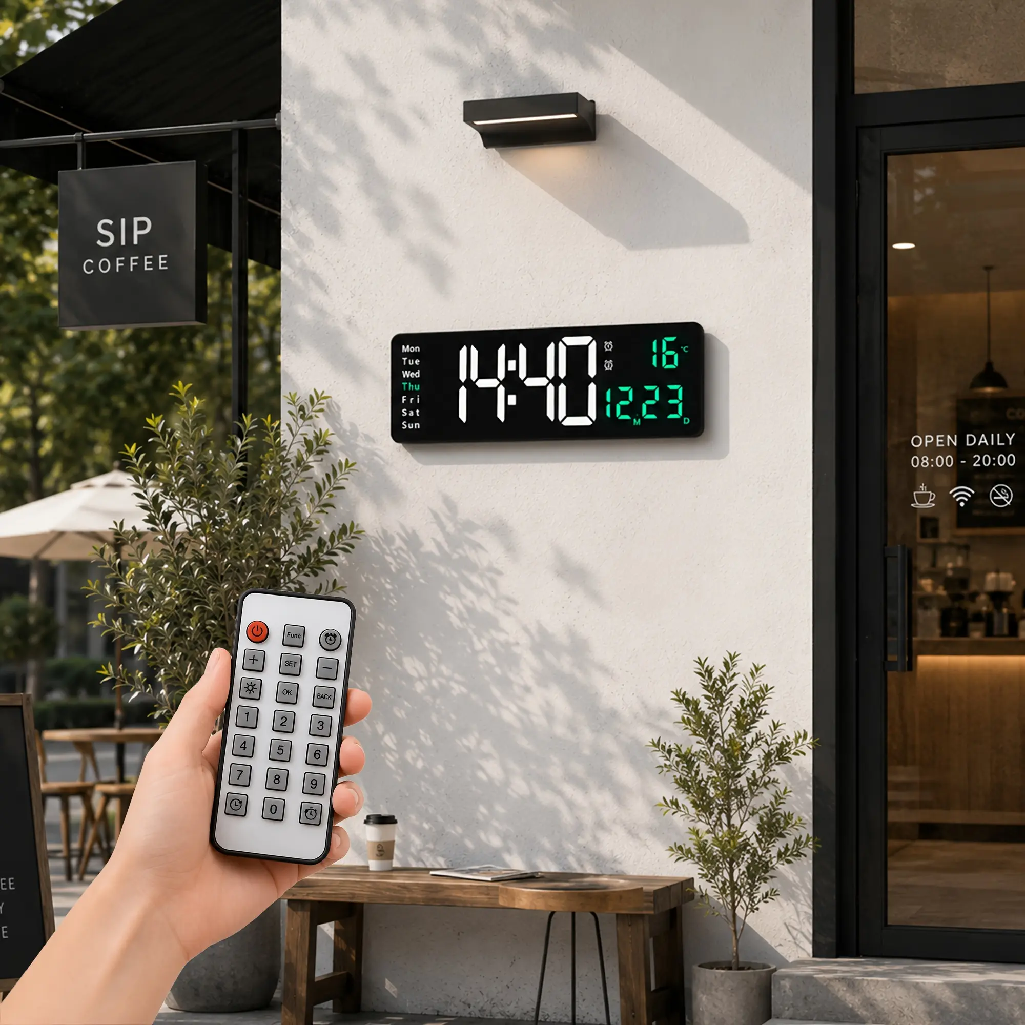 Large Outdoor LED Digital Wall Clock with Remote Control, Displays Time, Date, Day of Week & Temperature, Wall‑Mounted Digital Clock for Bedroom, Living Room, Office Modern Home Decor, Digital Clock Face