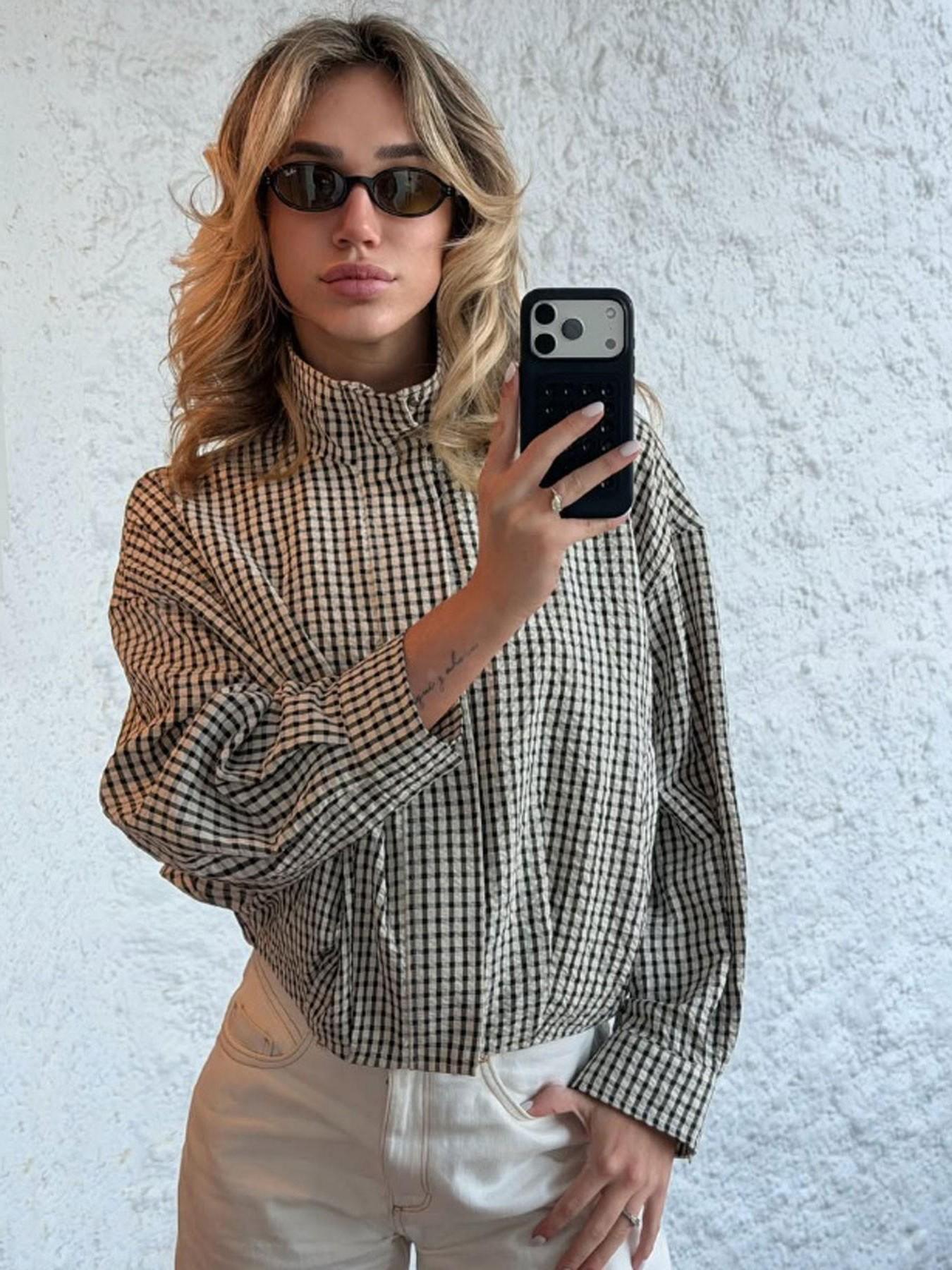 Women's Plaid Cropped Oversized Casual Long Sleeve Bomber Jacket, Streetwear, Loose Lightweight Outerwear for Spring and Autumn