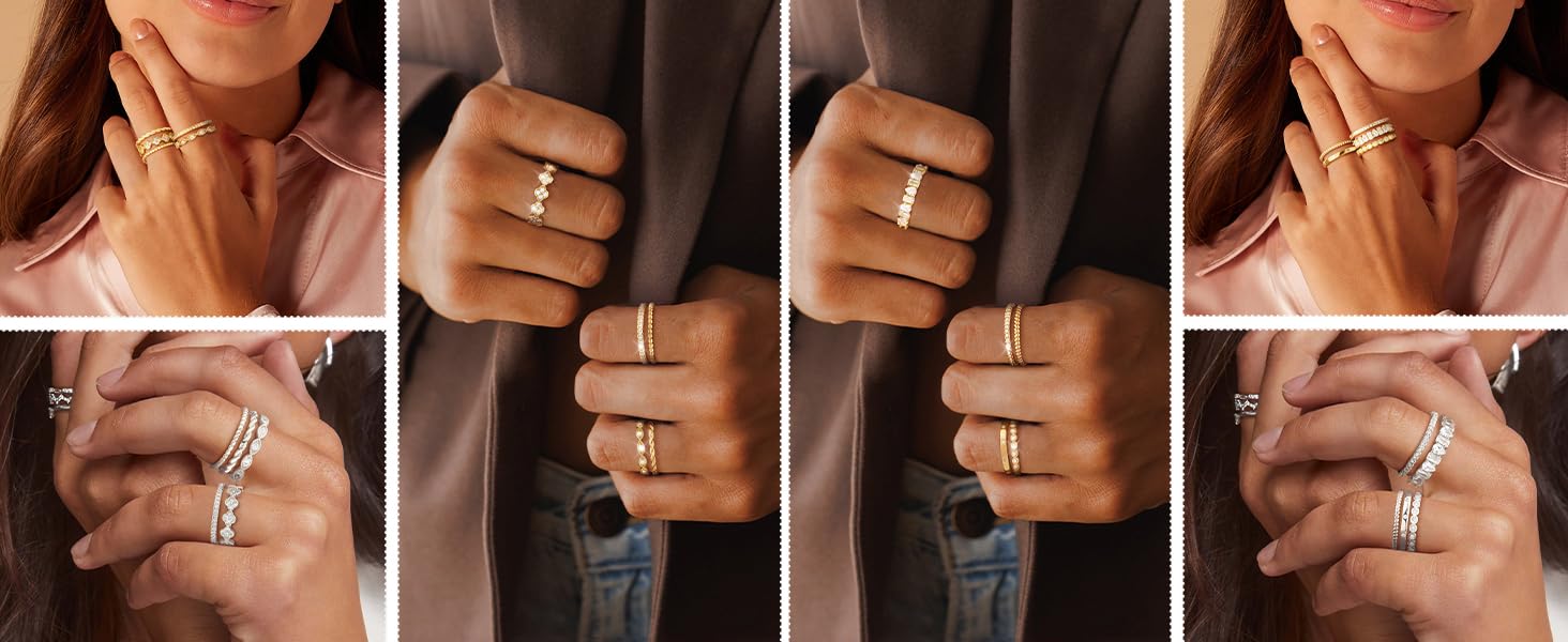 Gold Stackable Rings for Women Non Tarnish 14K Gold Plated Cubic Zirconia Stacking Chunky Eternity Band Rings Dainty Engagement Promise Thumb Rings Gold Wedding Ring Set Jewelry Size 6 7 8 9 10