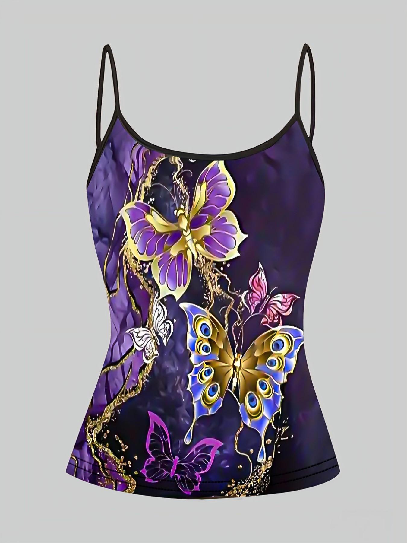 Butterfly Heart Print Adjustable Straps, Casual Sleeveless Slim-Fit Top, Home Wear & Outerwear, 4-Piece Set