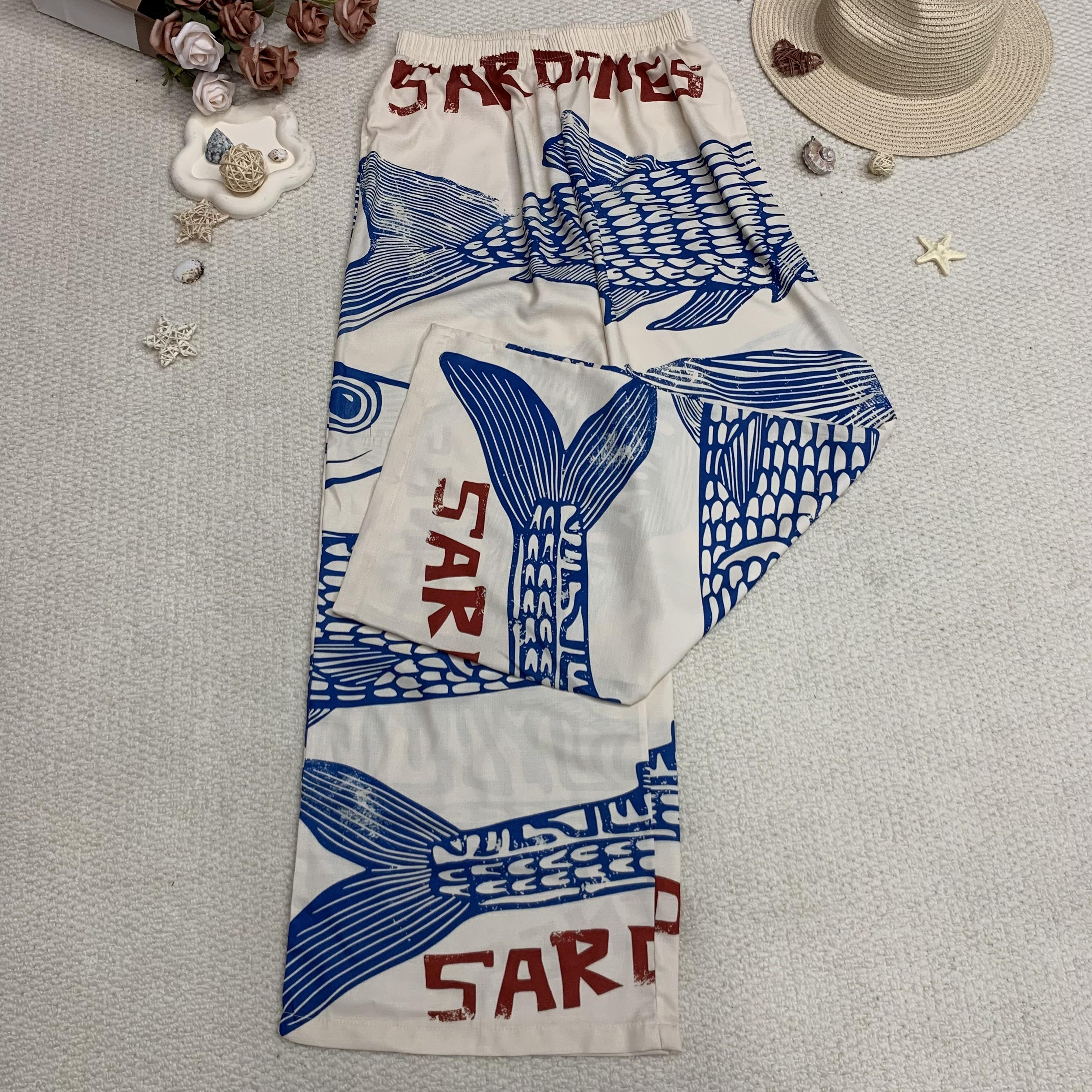 Women's Retro Nautical-Style Sardine Print Wide-Leg Pants with Contrasting Painted Loose and Comfortable, They Exude a Literary and Vacation Vibe, Easily Creating a Casual Summer Look beach vibe pants #Spring Bottom Girls pants Women's Retro Nautical-Style Sardine Print Wide-Leg Pants with Contrasting Painted Loose and Comfortable, They Exude a Literary and Vacation Vibe, Easily Creating a Casual Summer Look beach vibe pants #Spring Bottom Girls pants
