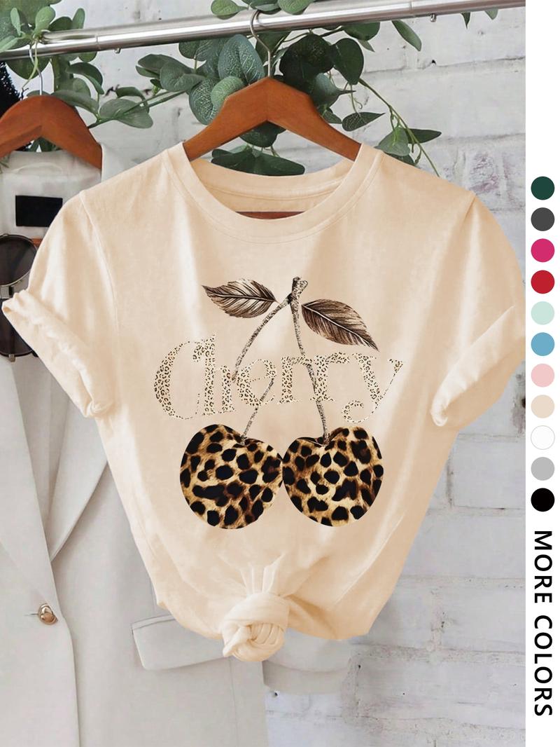 Women's Cherry & Leopard Print Round Neck Graphic Tee, Vintage Trendy Casual Short Sleeve T-shirt for Daily Wear, Ladies All Seasons Outfit, Top