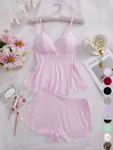 Women's Halloween Lace-Trim Spaghetti Strap Sleepwear Set, Soft and Comfortable Fitted Design, Casual All-Season Home Wear, 2-Piece Shorts Set Lingerie Top Underwear Elegance Outfit