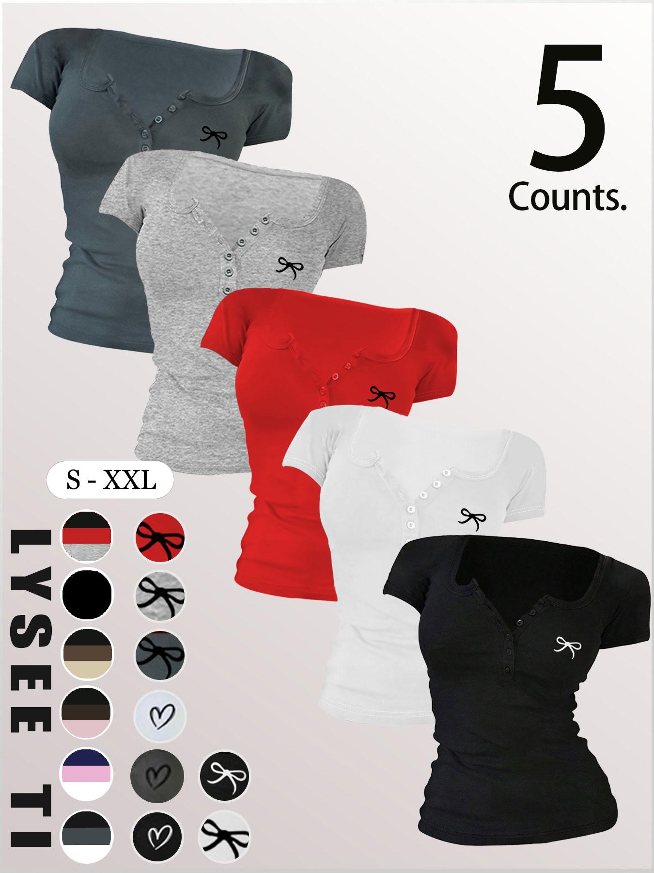 Women's Solid Button Round Neck Tee, Casual Short Sleeve Fitted T-shirt for Daily Wear, Ladies Clothes for All Seasons