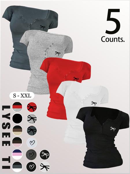 Women's Solid Button Tee, Casual Chic Minimalist Short Sleeve T-shirt for Summer, Ladies Clothes for Daily Wear