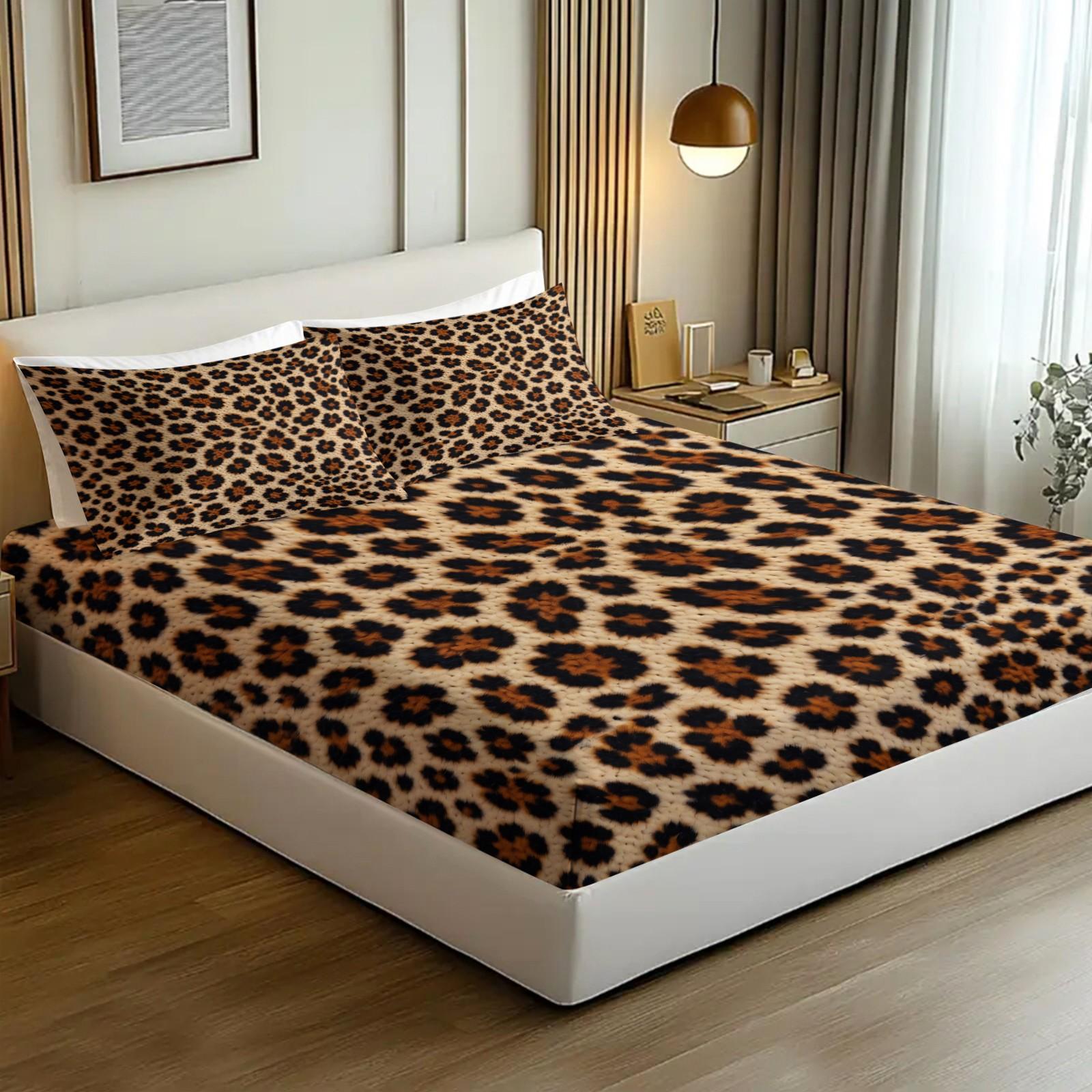 3Pcs Classic Leopard Print Luxury Vintage Boho Fitted Sheet Set, Elastic Edge Wrap Around Mattress, Wrinkle Resistant Non-Slip Easy Care, Ideal Housewarming Birthday Christmas Gift