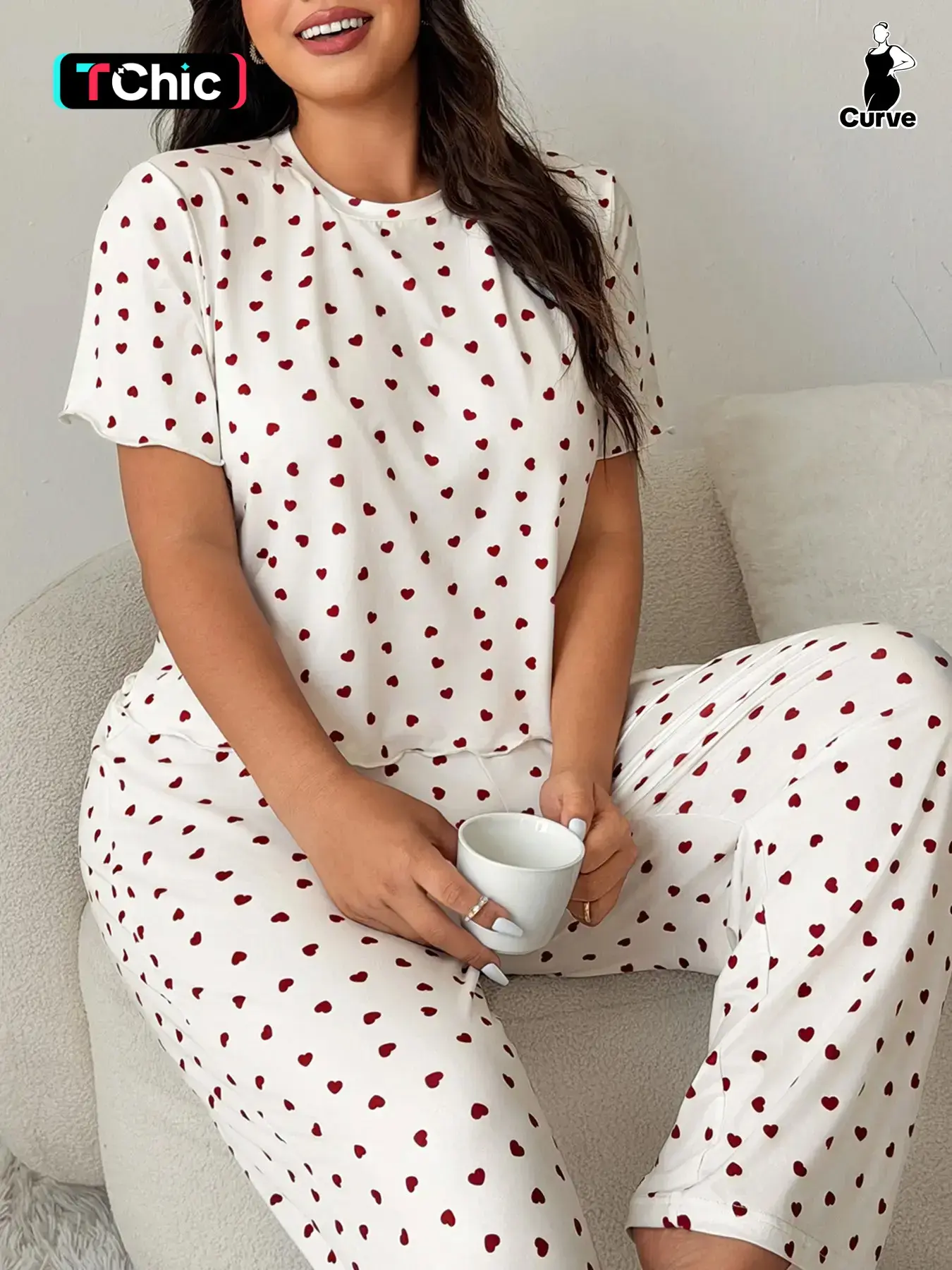 Women's Heart Print Pyjama Set, Short Sleeve T-Shirt & Long Pants Two-Piece Sleepwear, Sweet Wooden Lace Pajamas, Casual Fitted Style, Home Loungewear
