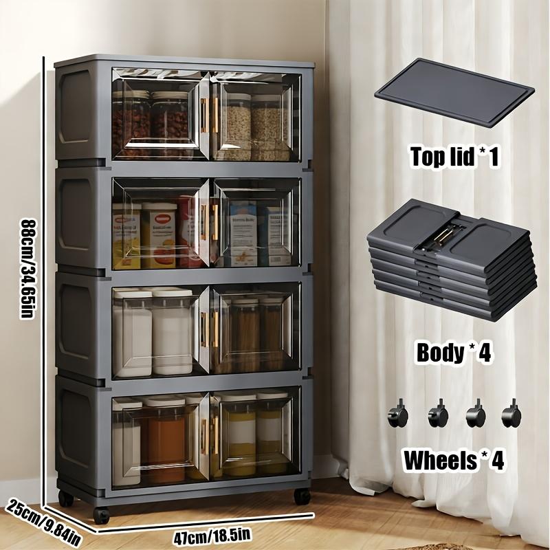 A five-tier (42.72 inches) entryway Plastic storage cabinet, Multi Layer Cabinet, featuring a large capacity with 3/4/5-tier shelving, a magnetic door design paired with silent universal wheels, making it a movable entryway storage cabinet