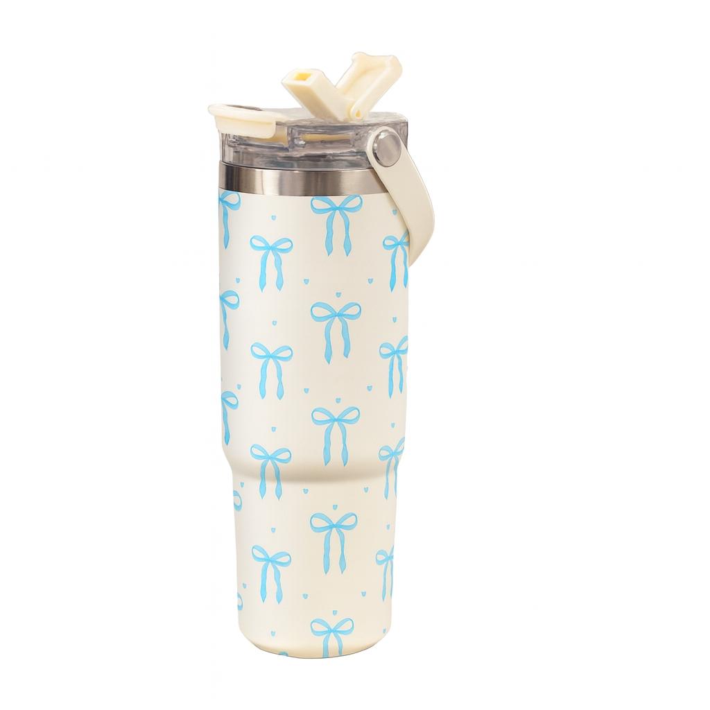 1 Pc 30oz insulated mug with handle and straw, Tumbler, cream white with blue bow design, double wall vacuum cup, leak-proof skinny thermal mug, keeps hot 12 hours and cold 24 hours, perfect for coffee tea smoothies cocktails, holiday gift