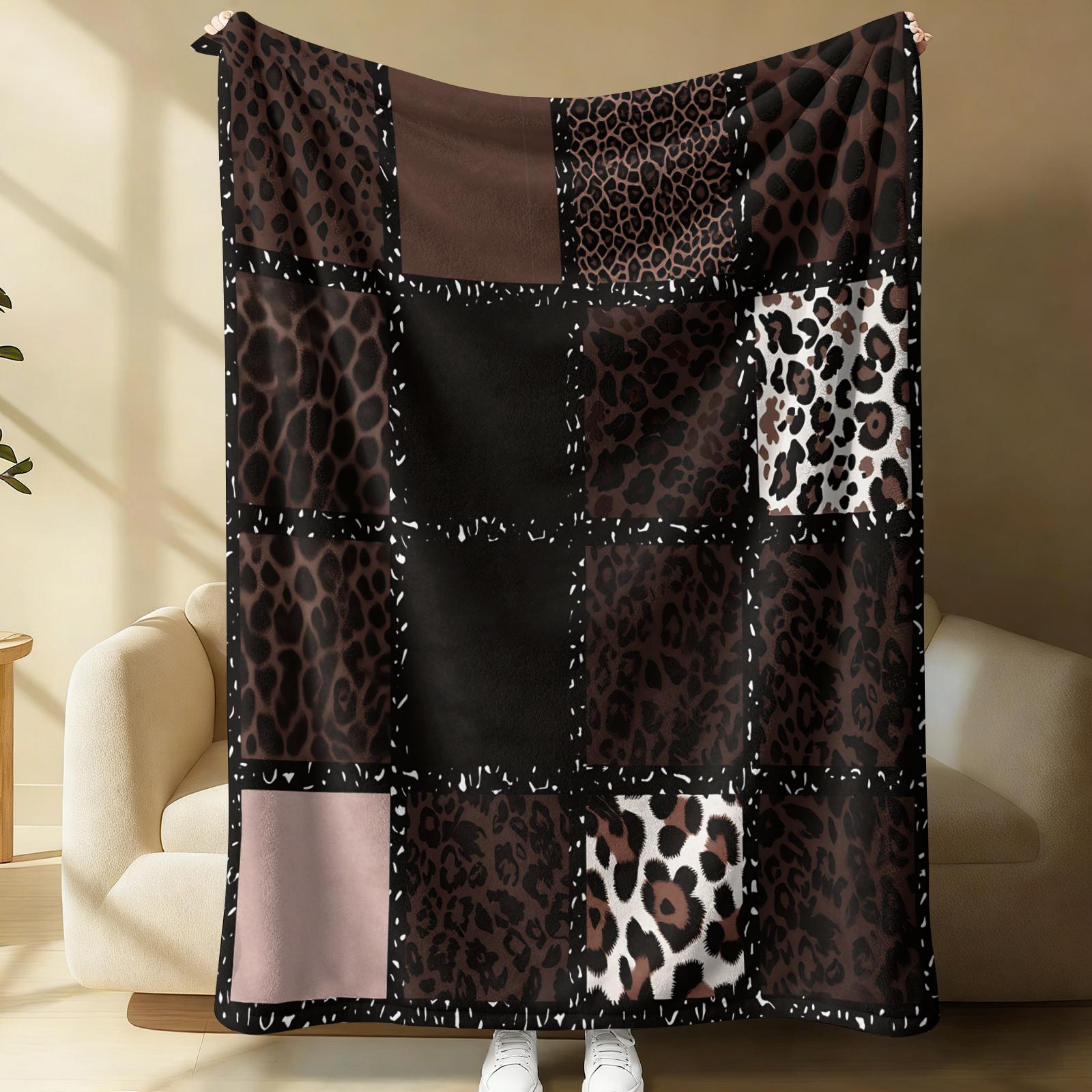 Dark Y2K Leopard Spliced Print Flannel Throw Blanket, Lightweight, Soft And Breathable, Cozy Throw Blankets. Black-Gray Cheetah Print Works For Sofas, Dorms, Travel And Camping. Delivers Cool Personal Charm, Trendy All-Season Blanket