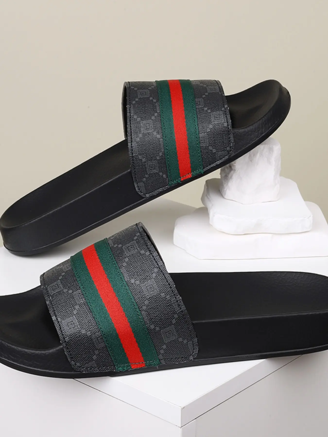 Men Women Fashion Pattern Slide Slippers, Classic Color Strap Flat Sandals, Comfort Lightweight Summer Walking Slides