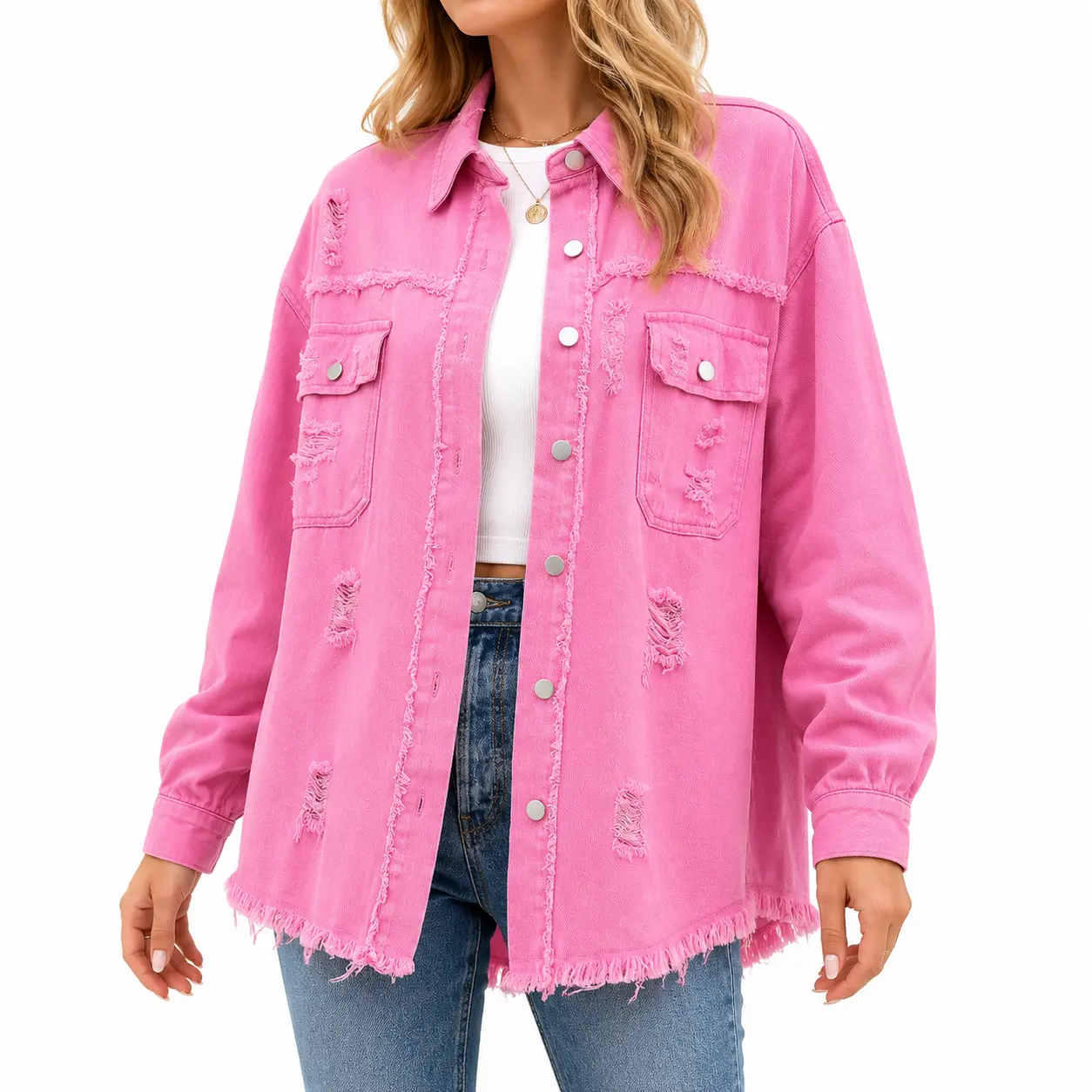 Women's Loose Fit Full Sleeves Jean Shacket - Snap Buttons, Distressed Denim, Frayed Raw Hem, Flap & Patch Pockets, Street Retro Casual Fall Layering Outerwear