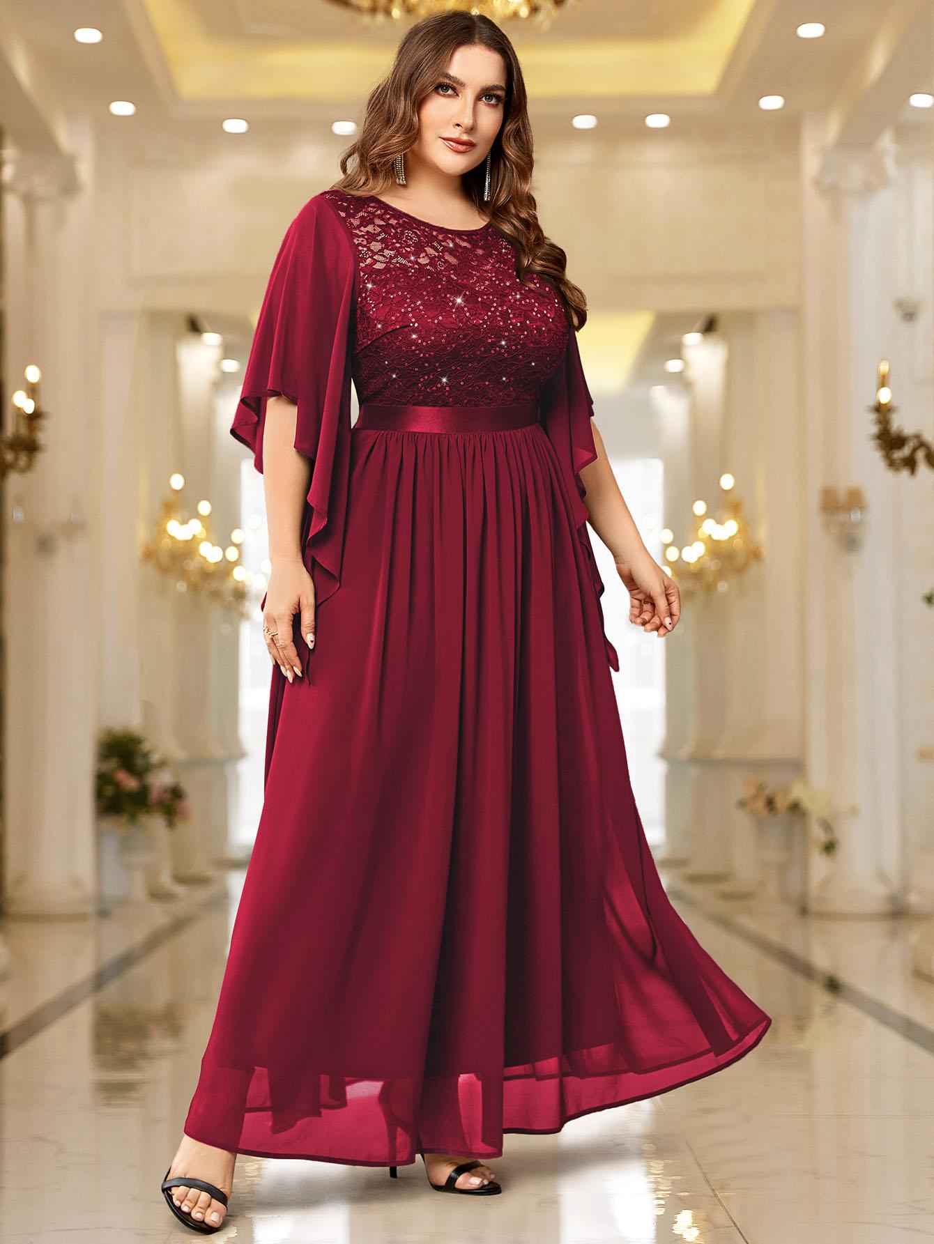 Miusol P83099 Plus Size Women's Sequin Floral Lace Chiffon Flare Sleeve Formal Dress Elegant Evening Gown All Seasons Party dress,Evening dress Normal Type  Womenswear Maxi Dress SpringStatements