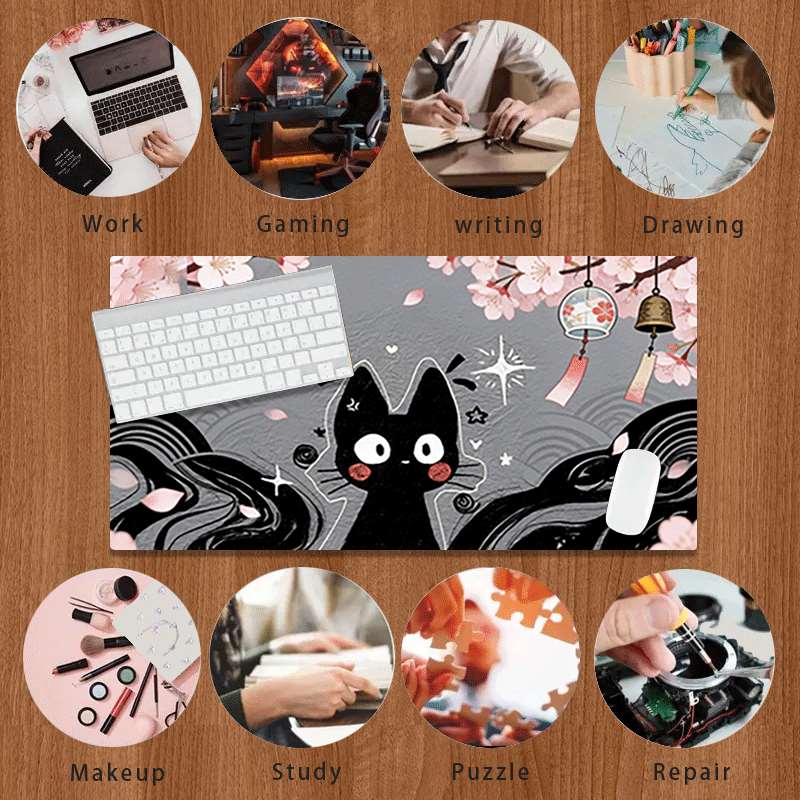 Large Anti-Slip Rubber Mouse Pad, Cherry Blossom Bell Cat Illustration, Gaming Office Desk Mat, Perfect Holiday Gift