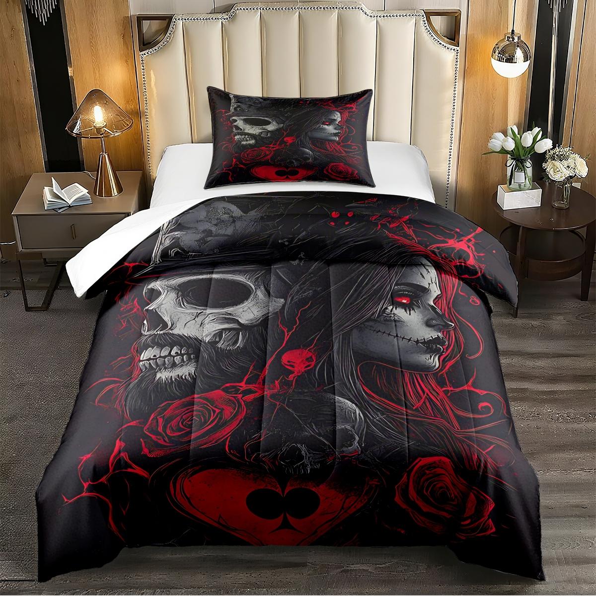 Gothic Skull and Rose Comforter Set, Dark Military Style Bedding Set with Haunting Woman Design, Cozy and Stylish Quilted Decorative Duvet Cover for a Unique Bedroom Makeover, Includes 1 quilt, with 1 or 2 Pillowcase No Pillow Core