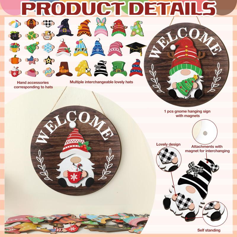 Easter Gnome Welcome Sign Gift Interchangeable Gnome Sign for Frontdoor Decor Wooden Gnome Sign with Magnet Detachable Hats Hands Gnome Wall Hanging for Easter Holiday Seasonal Party Birthday Home Office Living Room Farmer Porch Garden
