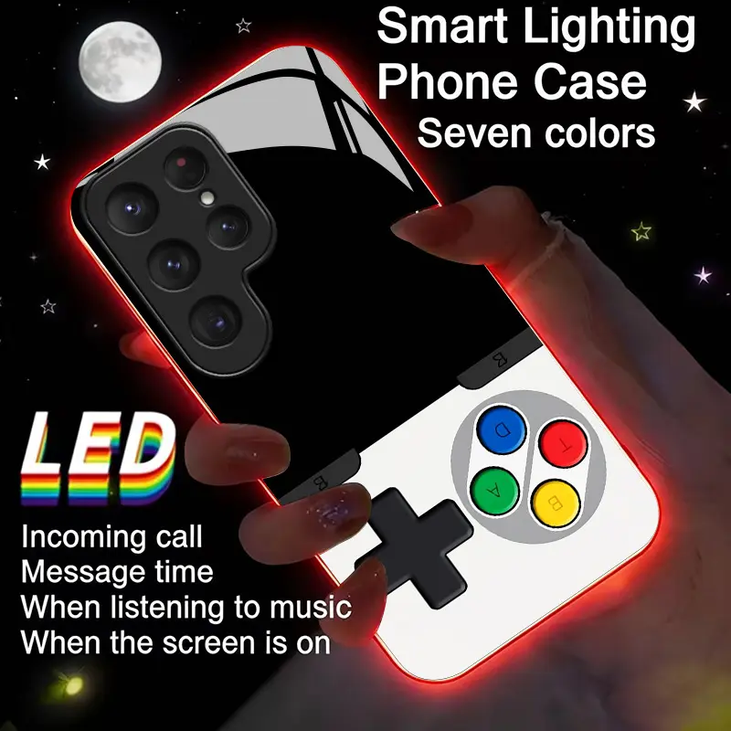 2D Flat Classic Game Controller LED Light-Emitting Phone Case 7-Color Lighting Shockproof TPU Protective Cover Suitable For Galaxy S26 Ultra/S25 Ultra/S24/S22/S23/S21/A57/A37/A17/A56/A53/A36/A26/A25/A16/A15/A14 Phone Guard